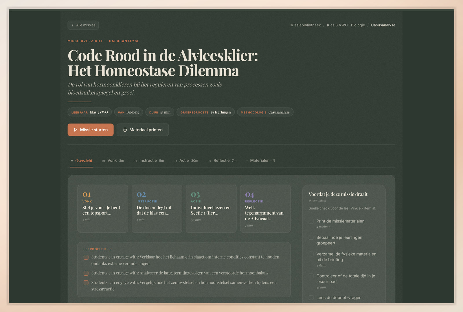 Een missiepagina in Flip Education met duidelijkere lesstappen en voorbereidingsdetails