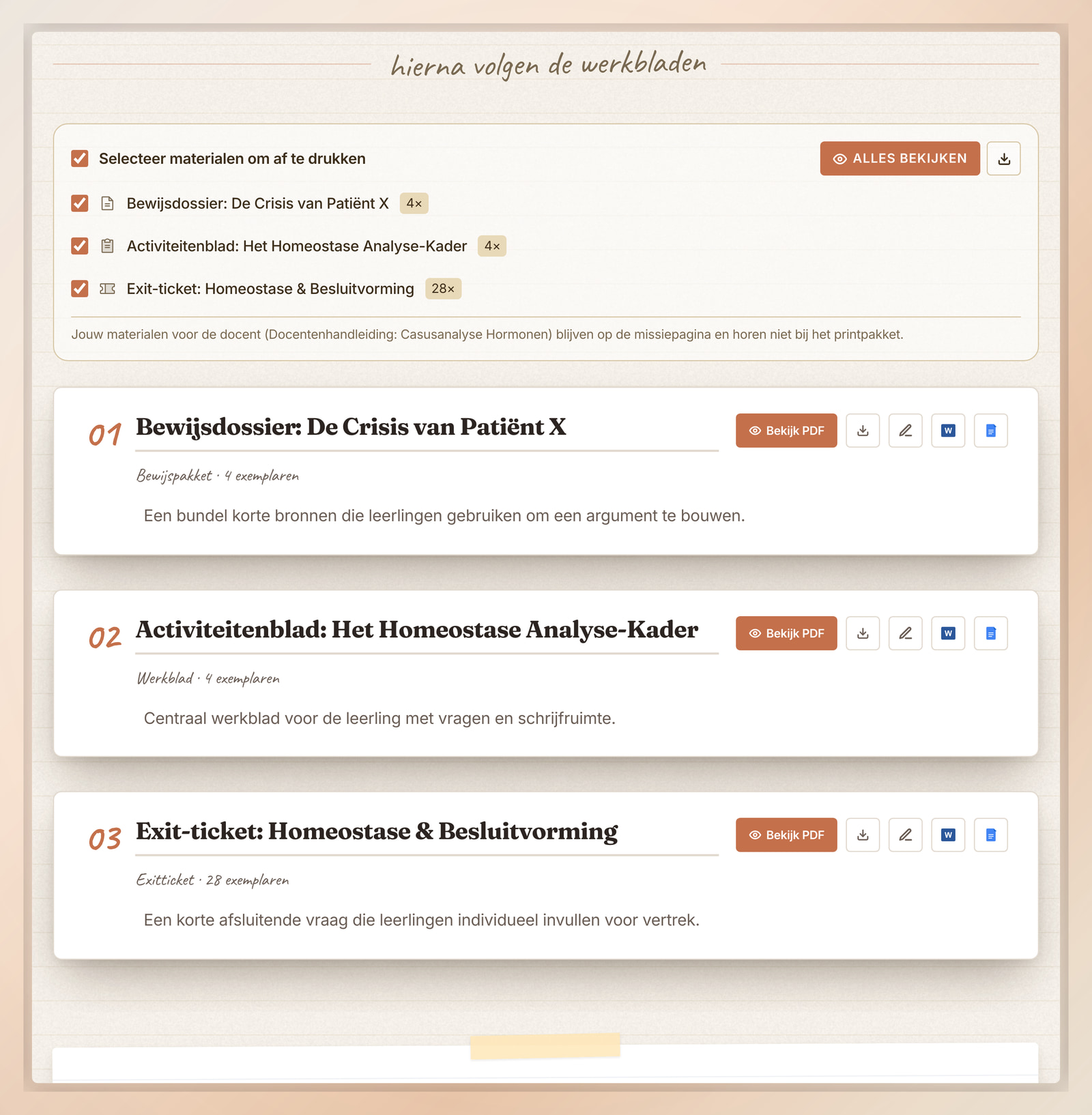 Printbare leerlingmaterialen in Flip Education met exportopties voor PDF bekijken, Word en Google Docs