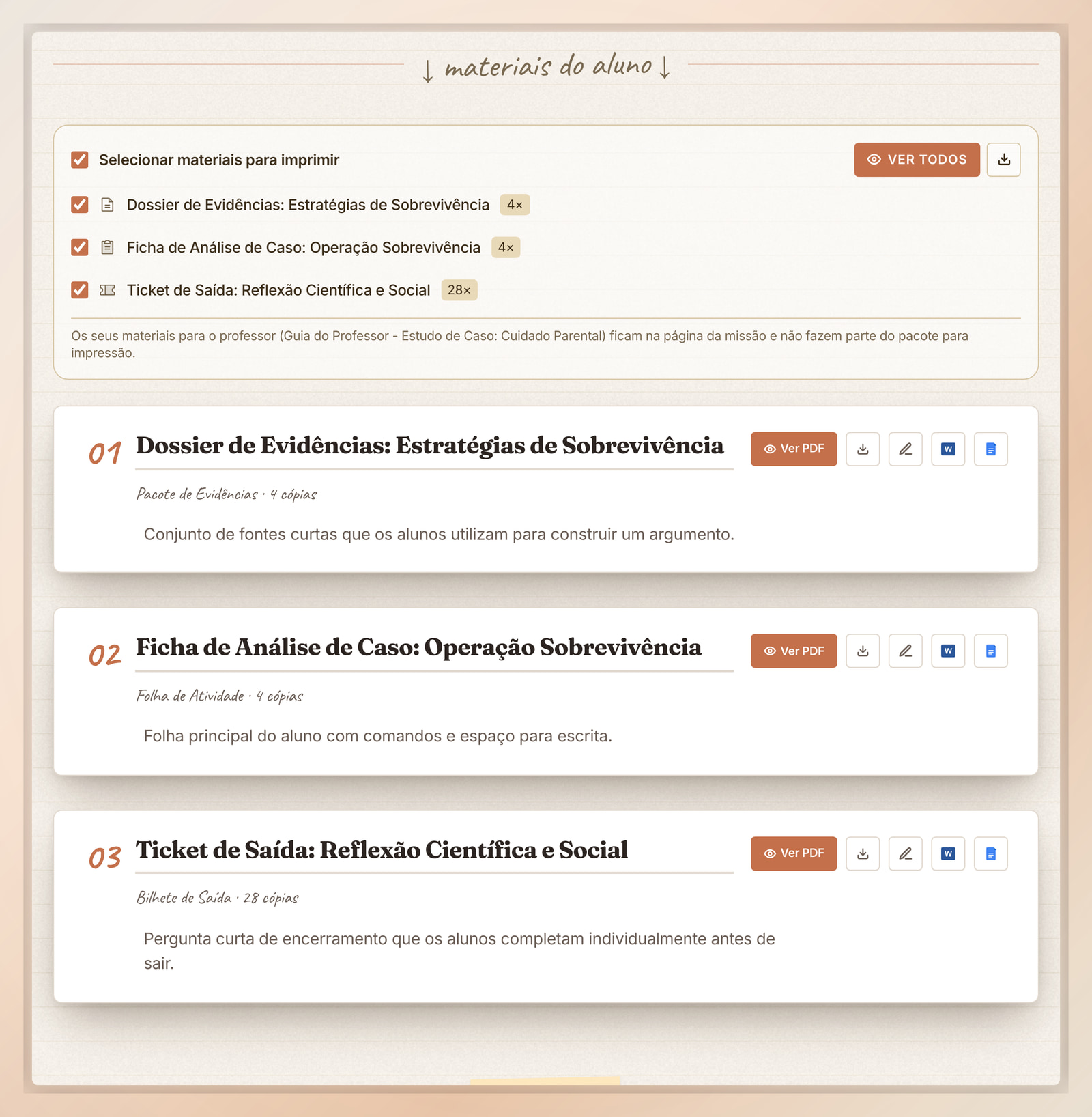 Materiais dos estudantes para imprimir na Flip Education com opções de exportação para Ver PDF, Word e Google Docs