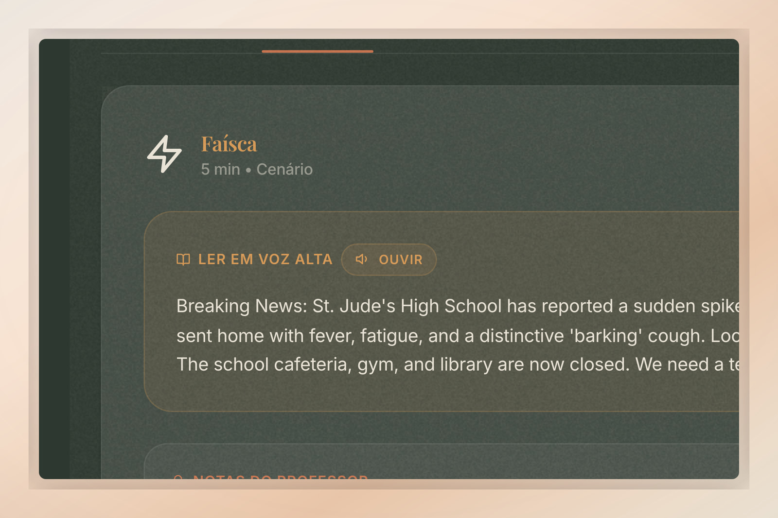 Tela mostrando o botão Ouvir destacado na seção Spark de uma missão da Flip Education