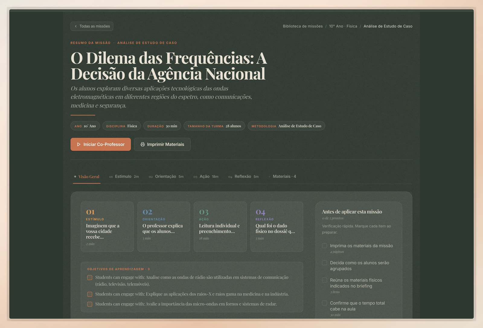 Página de missão da Flip Education com etapas da aula e detalhes de preparação mais claros