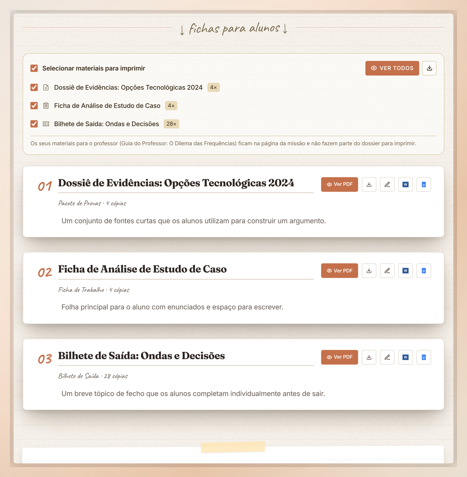 Materiais dos alunos para imprimir na Flip Education com opções de exportação para Ver PDF, Word e Google Docs