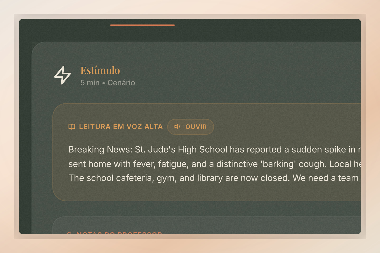 Ecrã que mostra o botão Ouvir destacado na secção Spark de uma missão da Flip Education