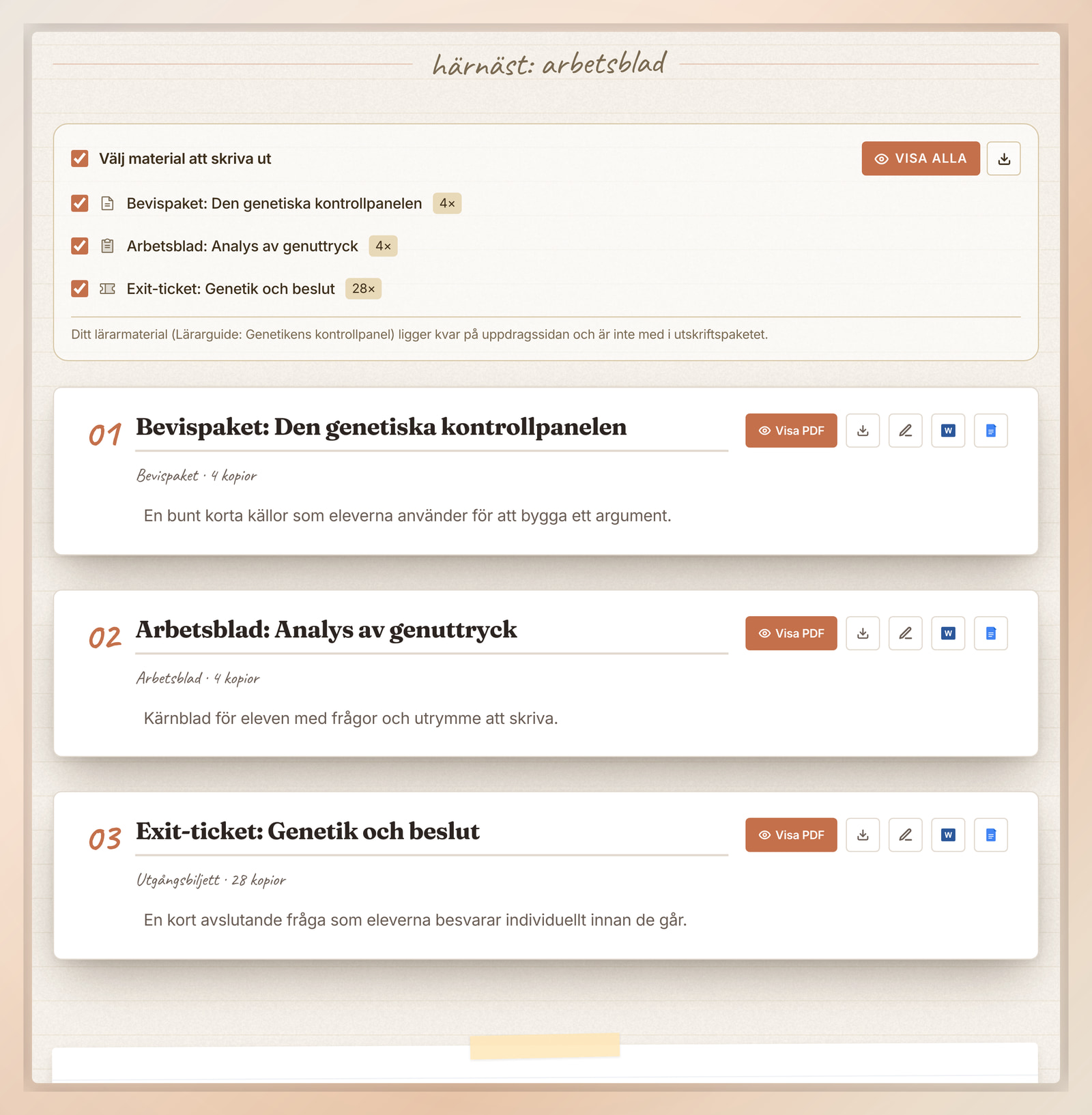 Utskrivbart elevmaterial i Flip Education med exportval för Visa PDF, Word och Google Docs