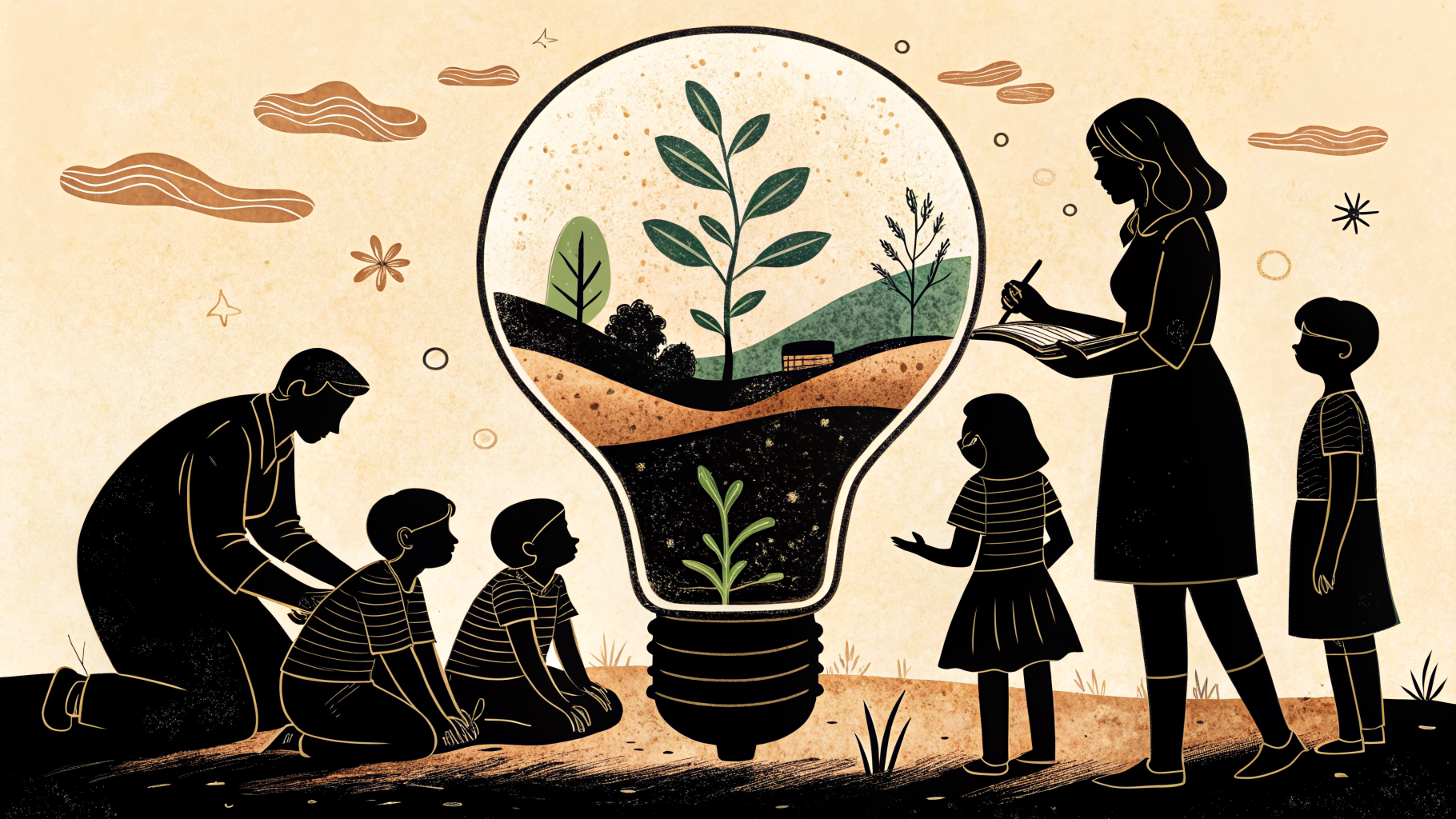 Alunos trabalhando em grupo em torno de uma mesa, construindo protótipos com materiais simples em sala de aula.