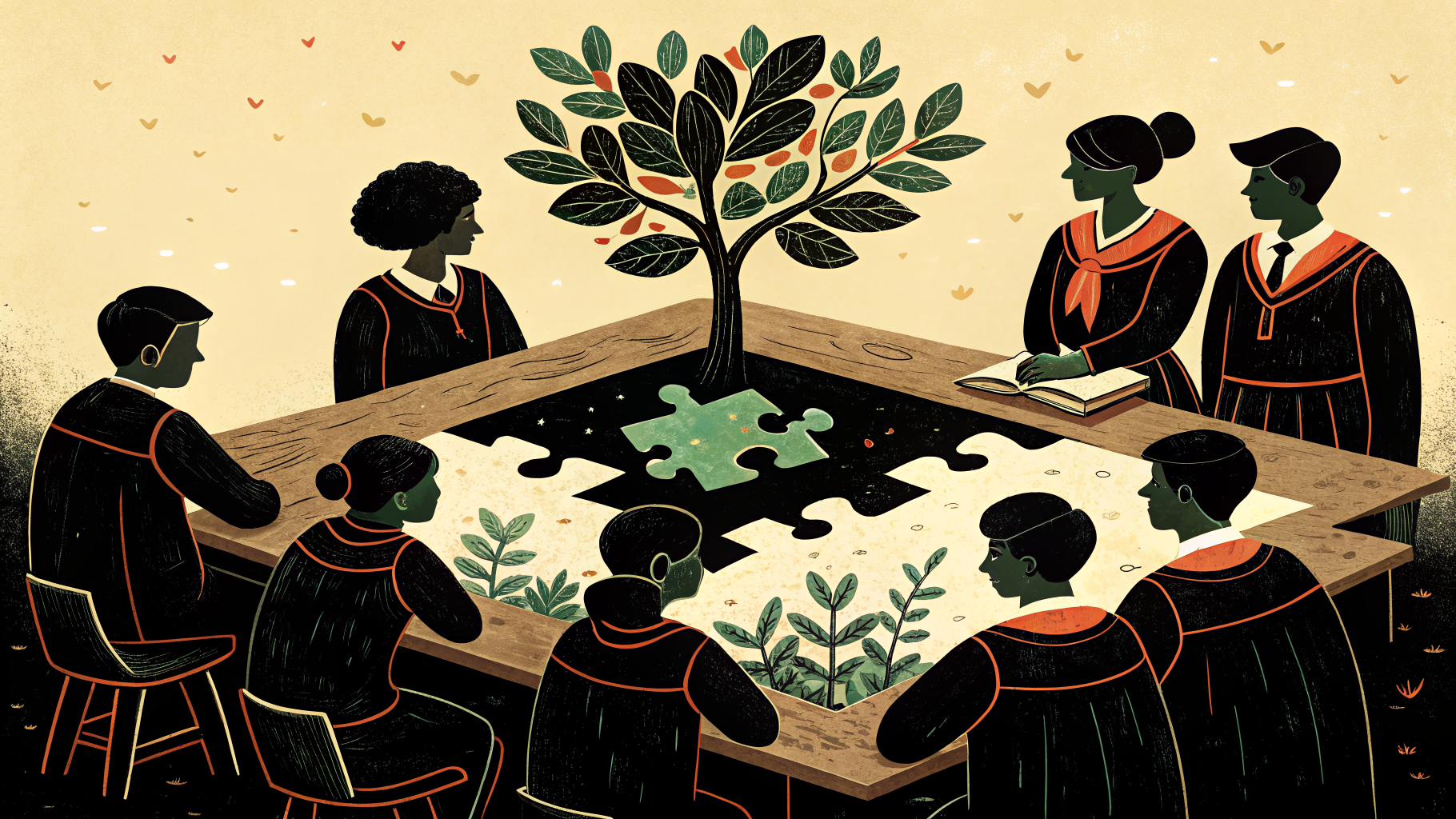 Estudiantes mexicanos de secundaria trabajando en equipos alrededor de mesas con materiales de clase