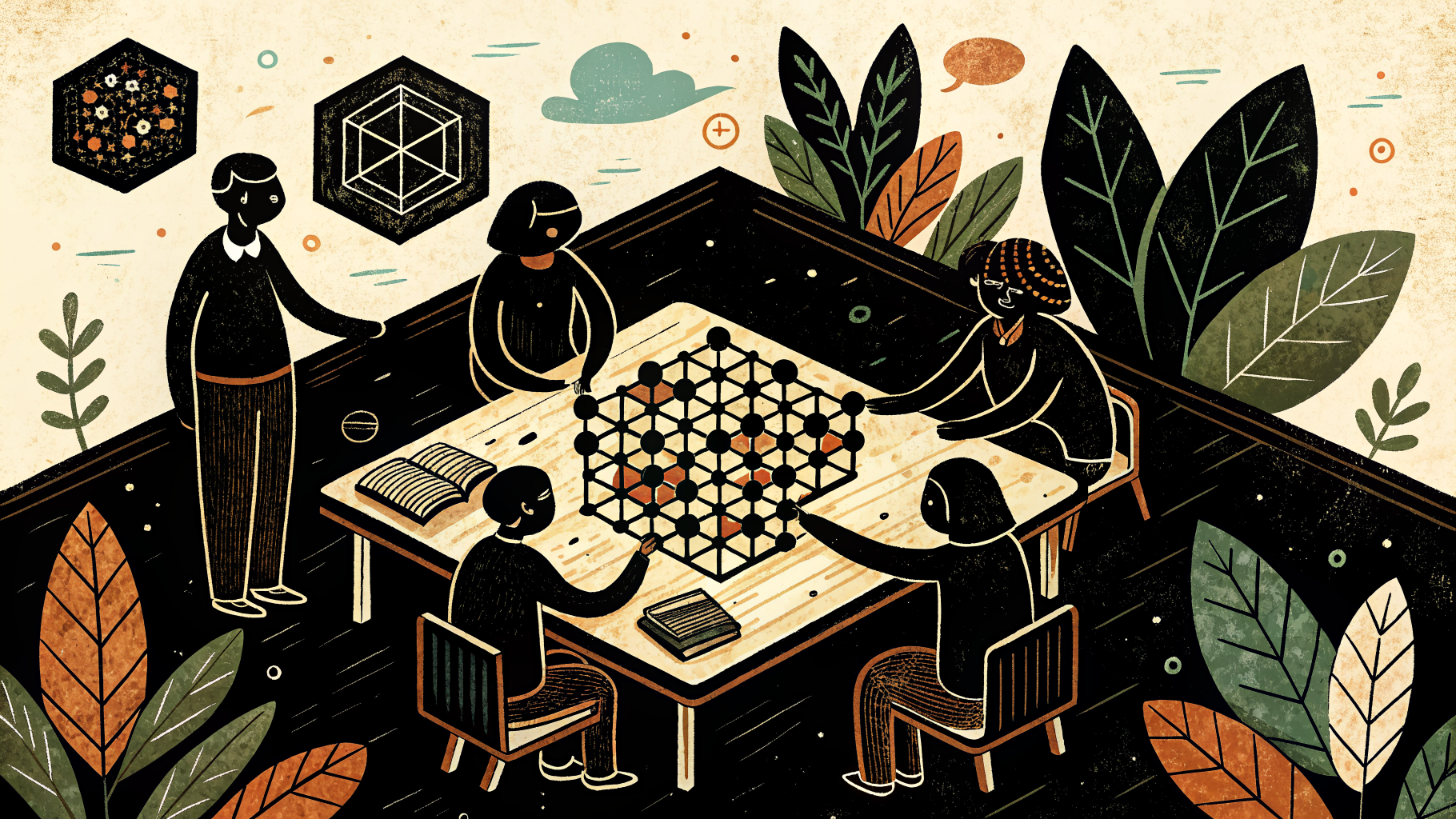 Studenti di scuola secondaria che lavorano in piccoli gruppi cooperativi intorno a un tavolo