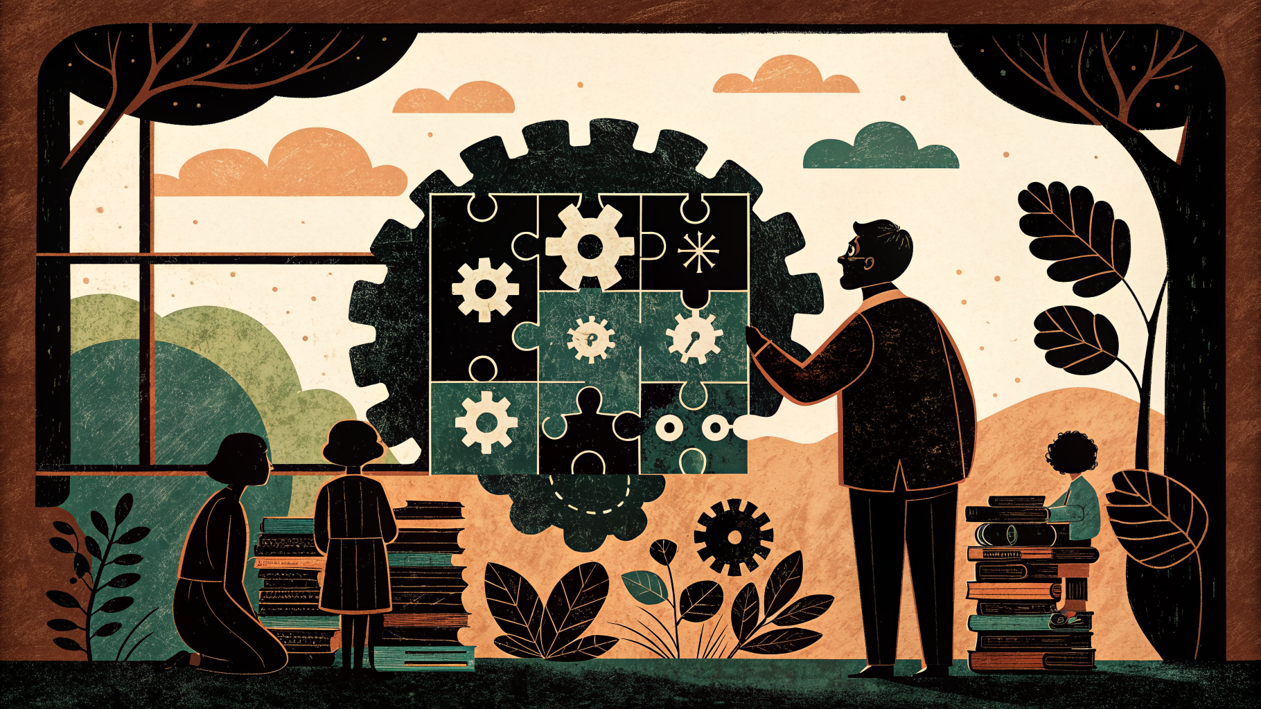 Insegnante e studenti che lavorano su un progetto di gruppo in classe con lavagna e materiali didattici