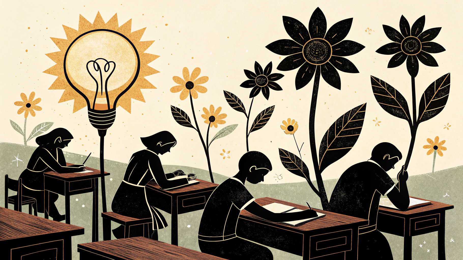 Studenti che lavorano in gruppo attorno a un tavolo con materiali e dispositivi digitali in un'aula scolastica moderna