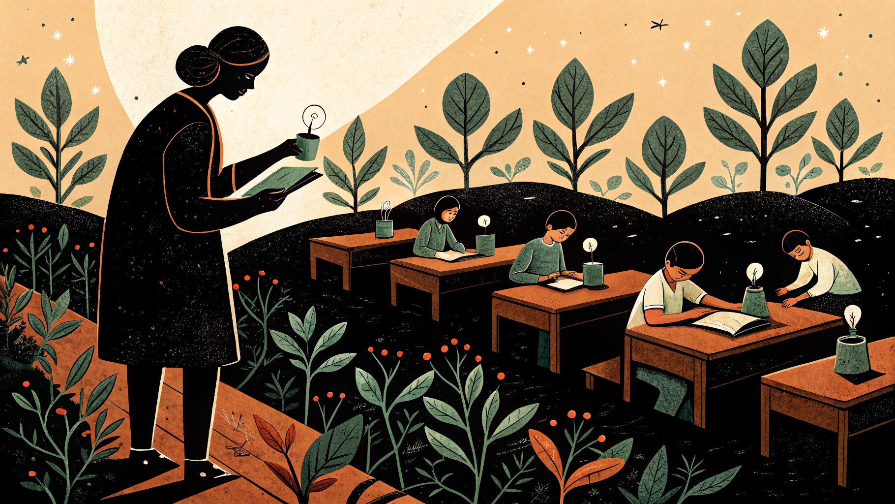 Une enseignante observe des élèves travailler en groupe autour d'un tableau blanc recouvert de post-its colorés