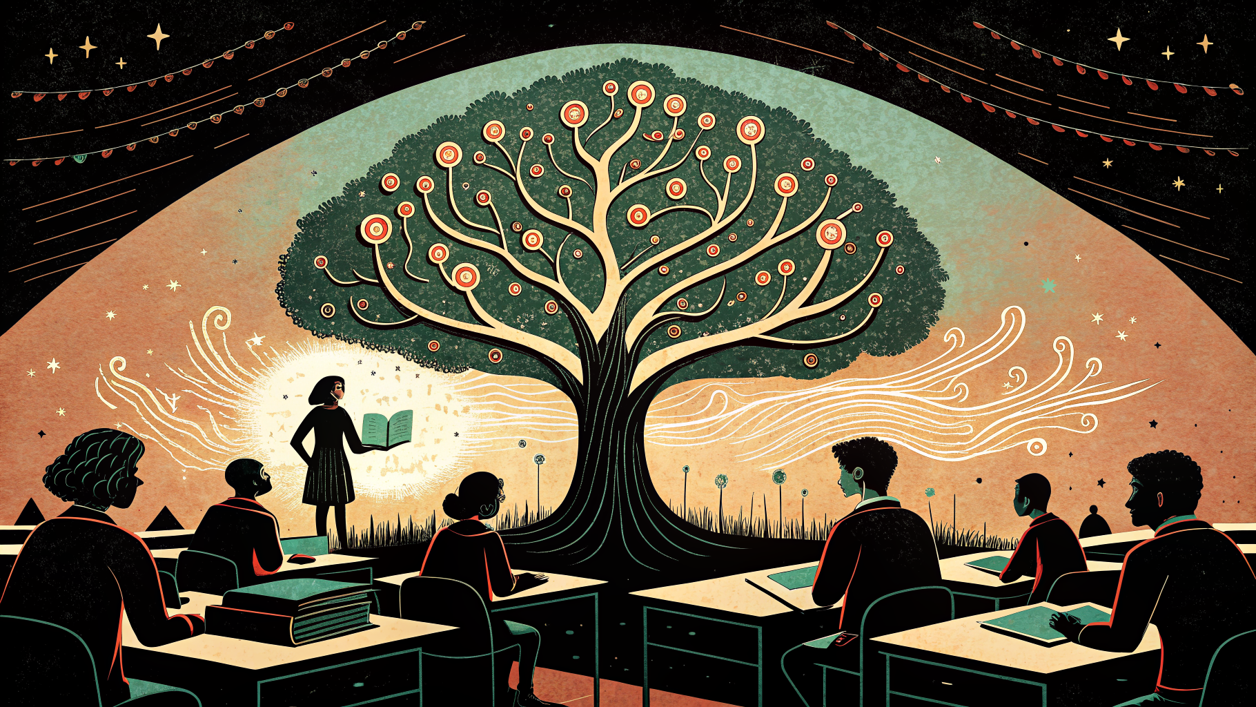 Uma professora e alunos colaborando em torno de um tablet em uma sala de aula moderna com elementos de interface de IA na tela