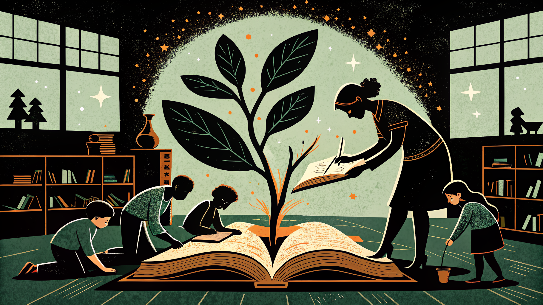 Docente mexicana revisando el trabajo de sus alumnos en un salón de clases de primaria