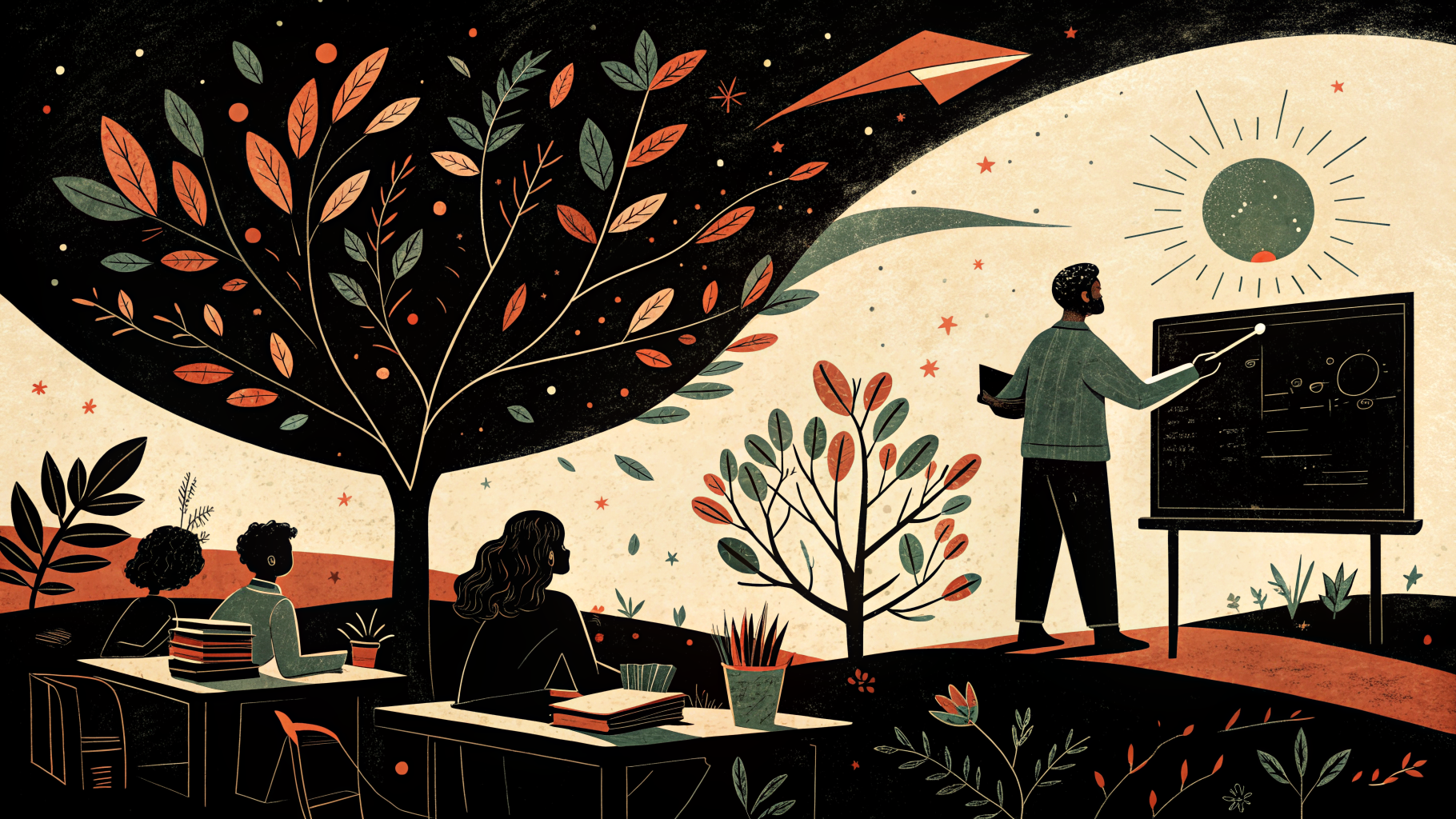 Alunos do ensino fundamental e médio escrevendo de forma independente em cadernos de bell ringer enquanto a professora faz a chamada no início da aula