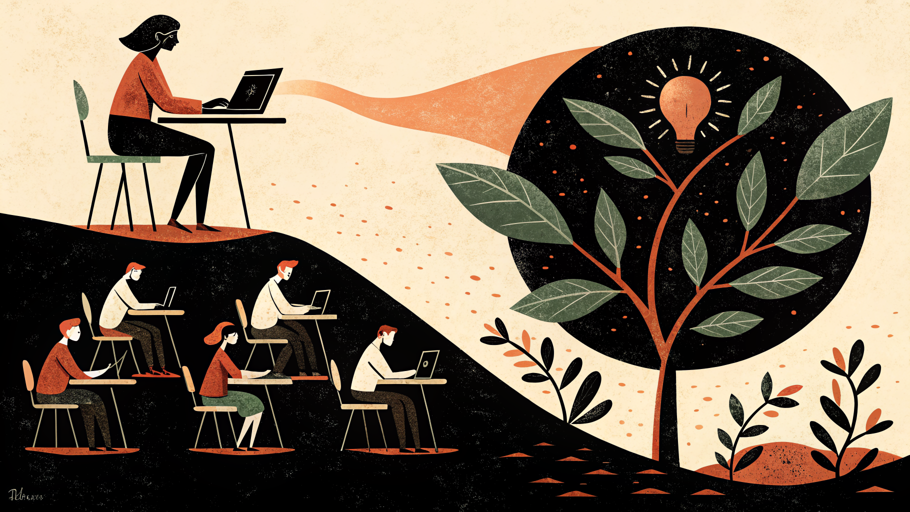 Alunos trabalhando em grupo em sala de aula iluminada, com materiais de projeto sobre a mesa