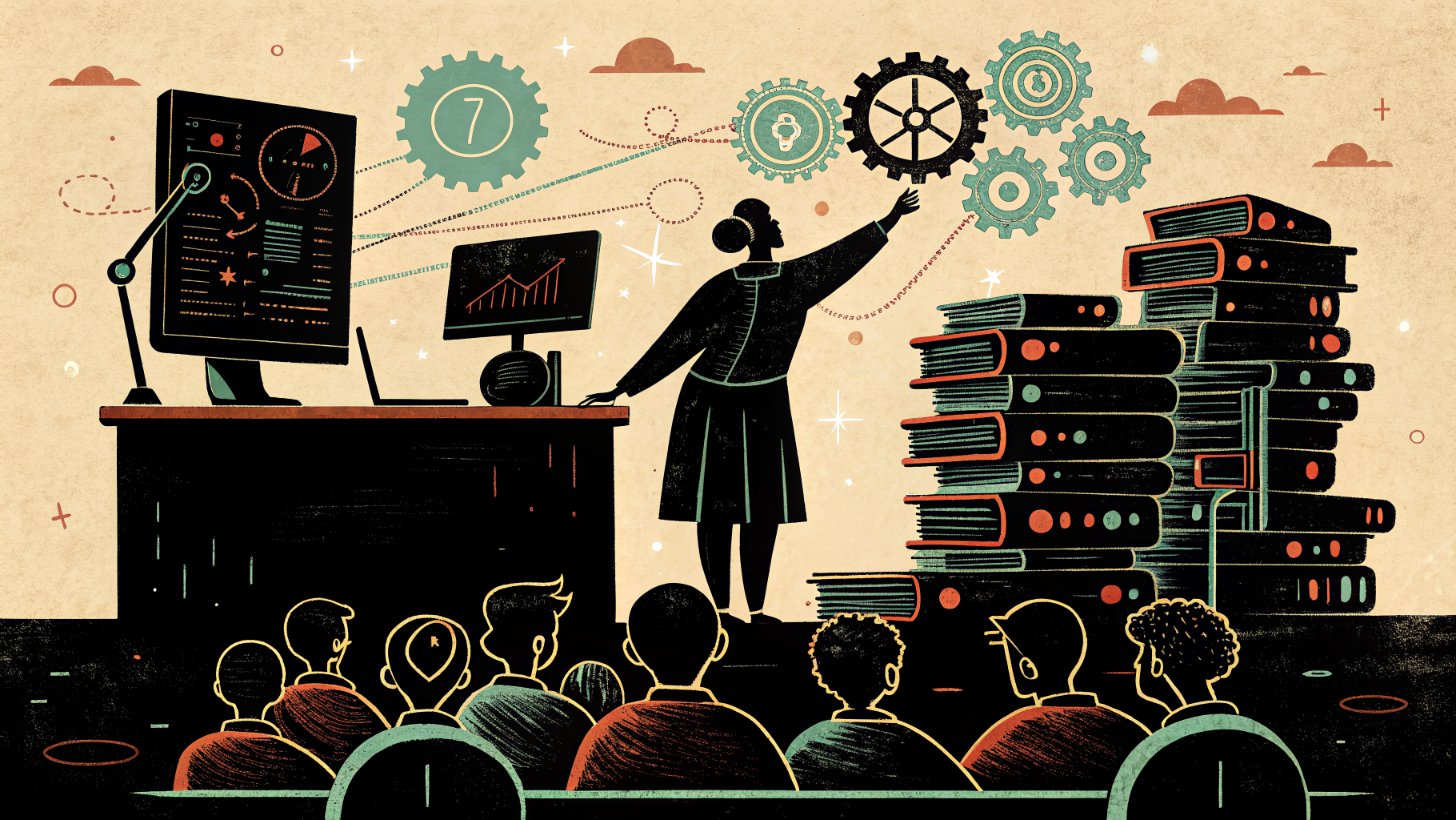 Uma sala de aula repleta de telas e tablets brilhantes, com carteiras de alunos vazias — simbolizando tecnologia sem aprendizagem