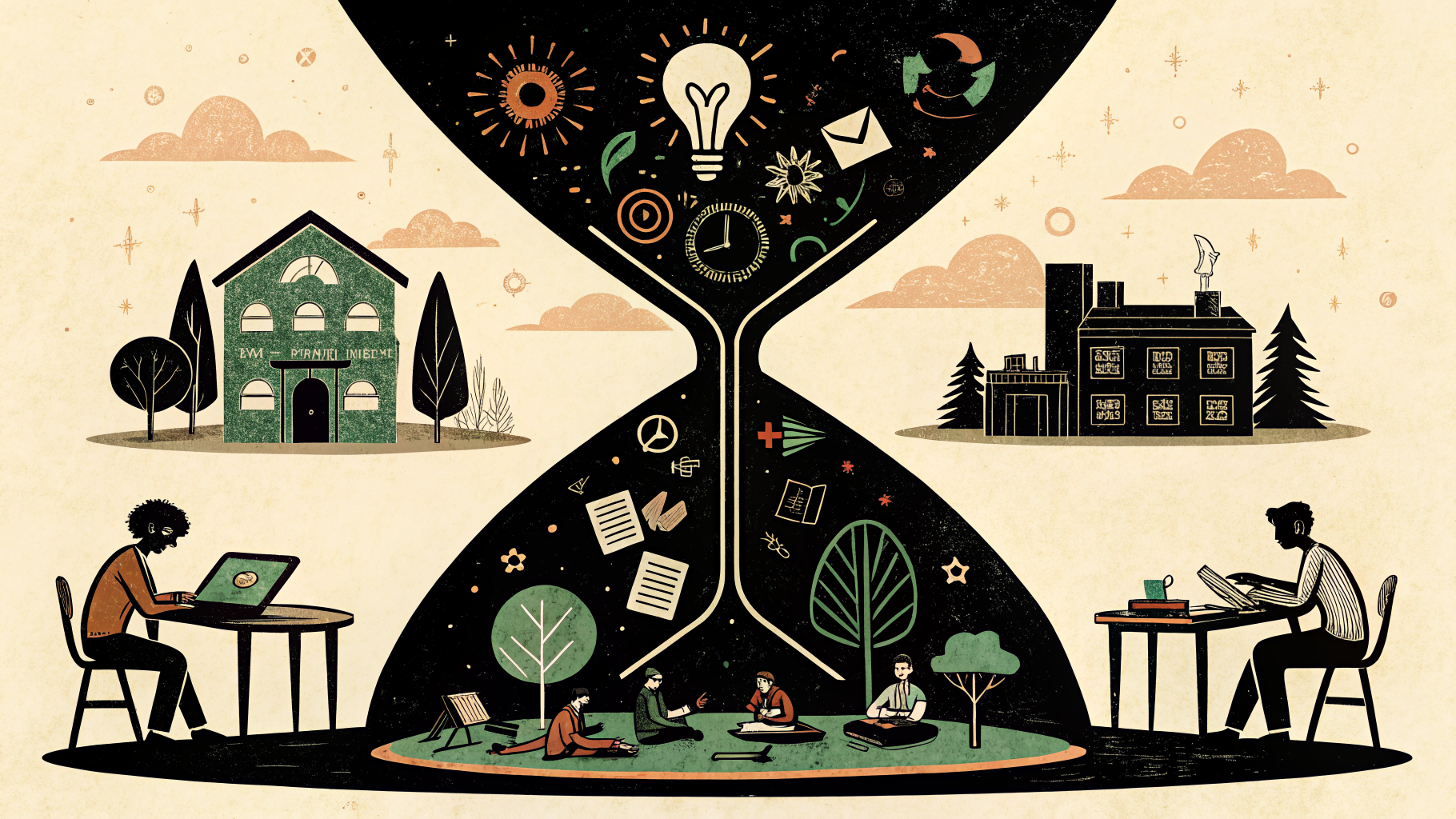 Professor mediando debate em grupo enquanto alunos trabalham com tablets e cadernos em sala de aula colaborativa