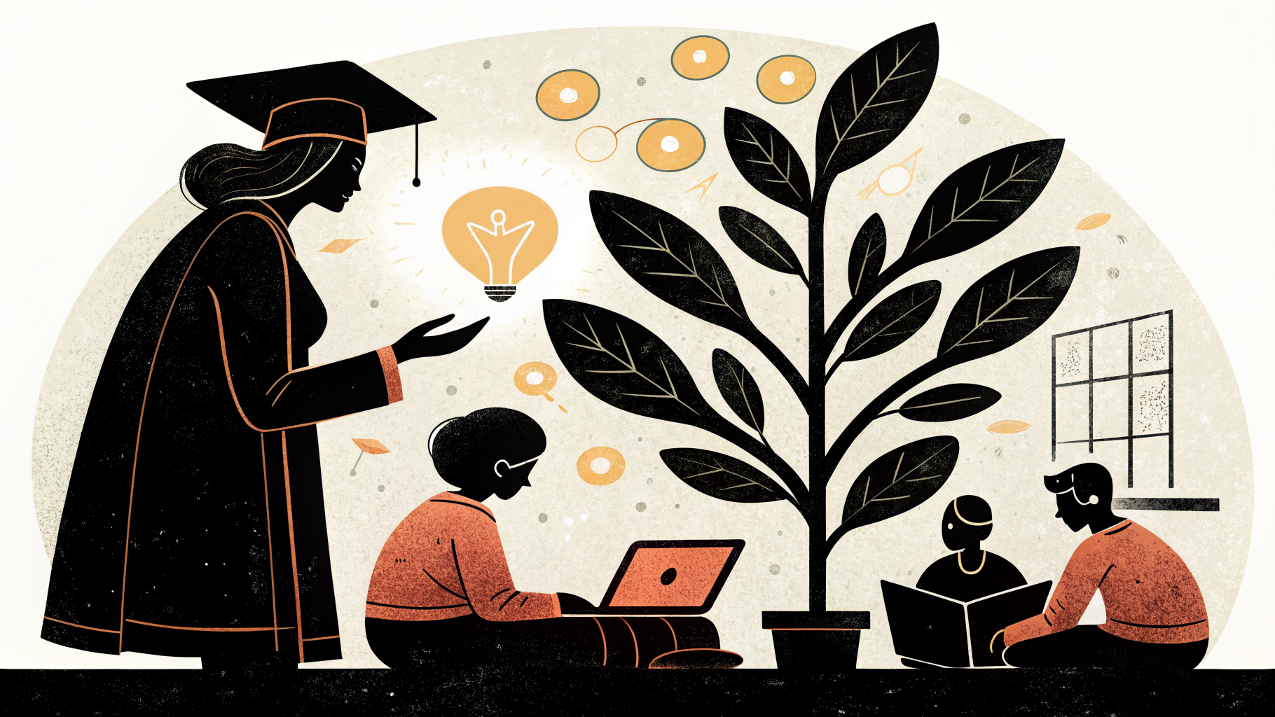 Lärare diskuterar lärande med elever runt ett bord i ett modernt klassrum