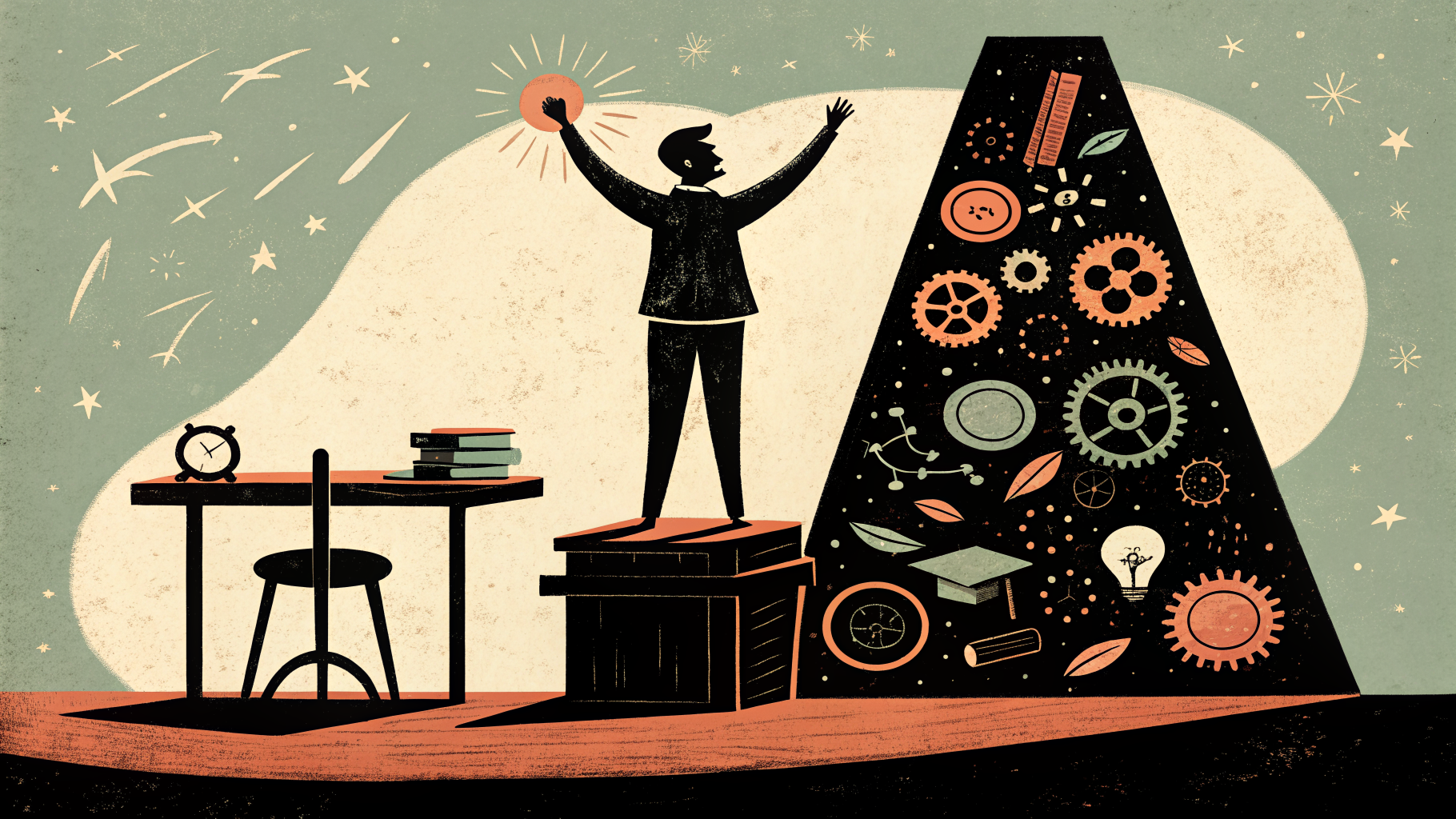 A classroom filled with glowing screens and tablets, with empty student desks, symbolizing technology without learning